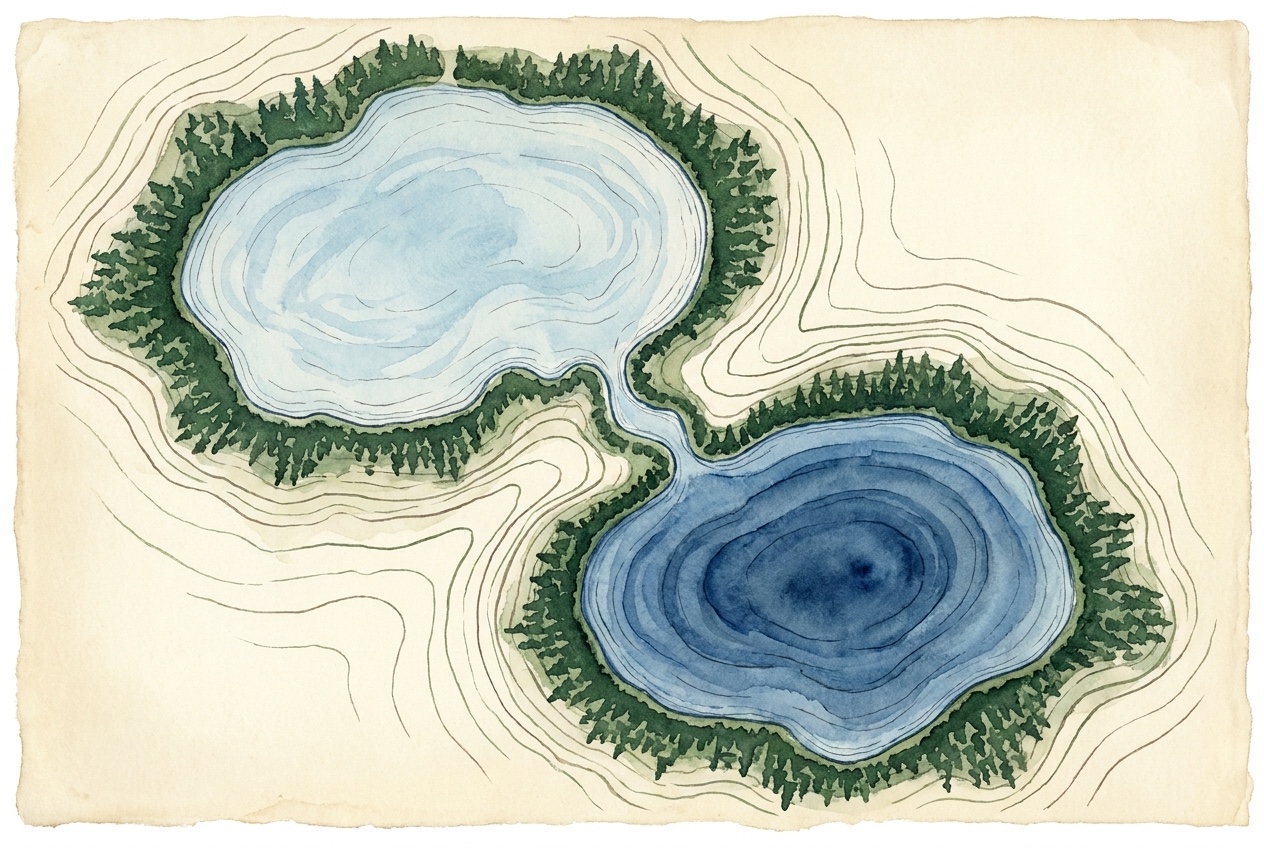 Editorial cartographic illustration of Twin Lakes